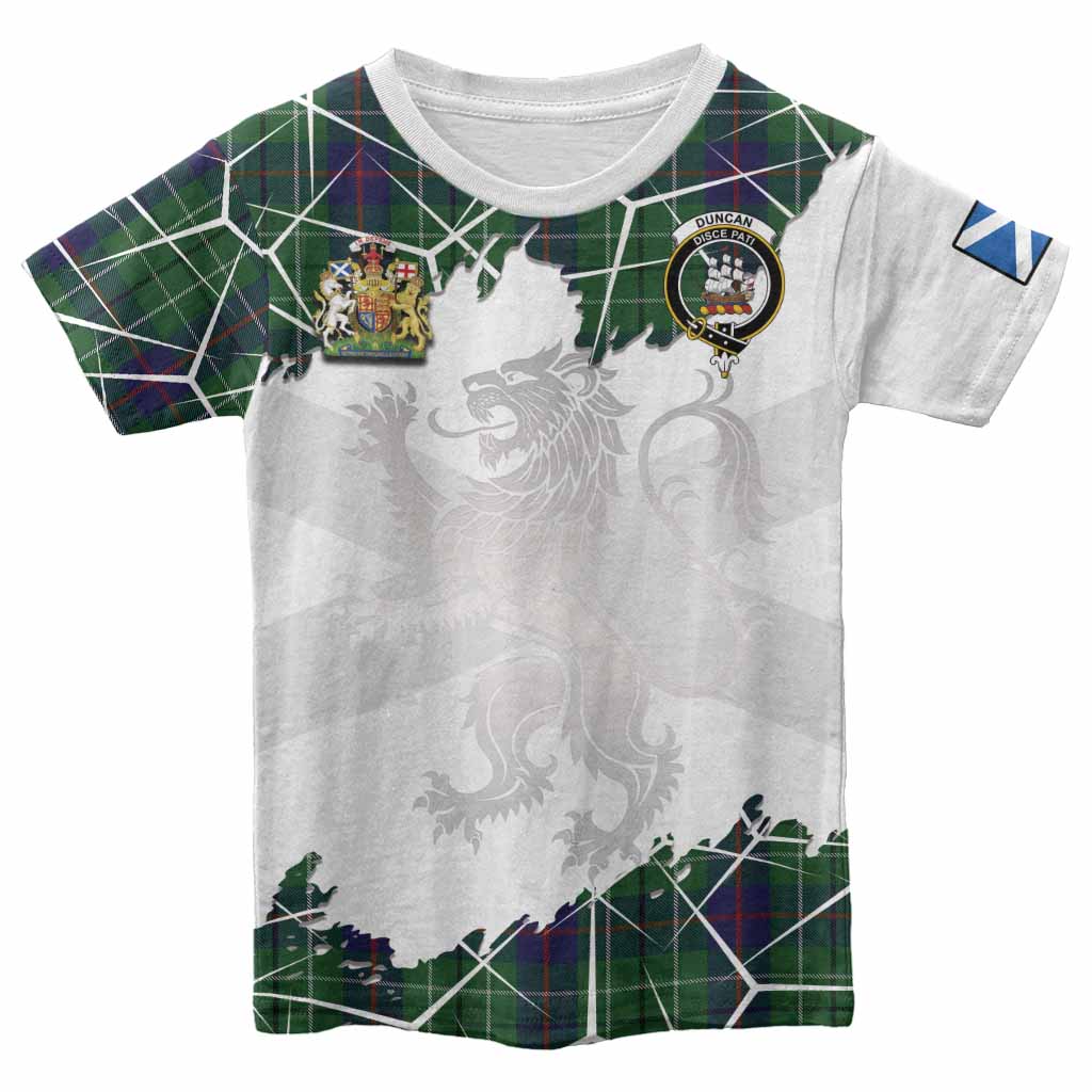 Duncan Tartan Kid T-shirt with Family Crest and Lion Rampant Grunge Style