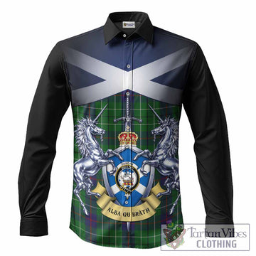 Duncan Tartan Long Sleeve Button Shirts Alba Gu Brath Unicorn Crest