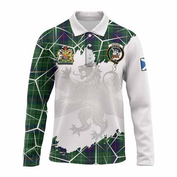 Duncan Tartan Long Sleeve Polo Shirt with Family Crest and Lion Rampant Grunge Style
