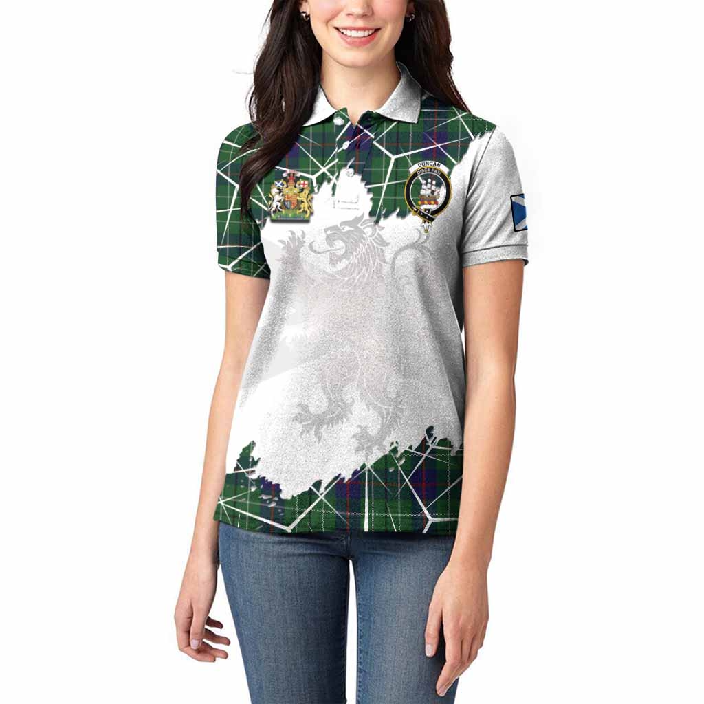 Duncan Tartan Women Polo Shirt with Family Crest and Lion Rampant Grunge Style