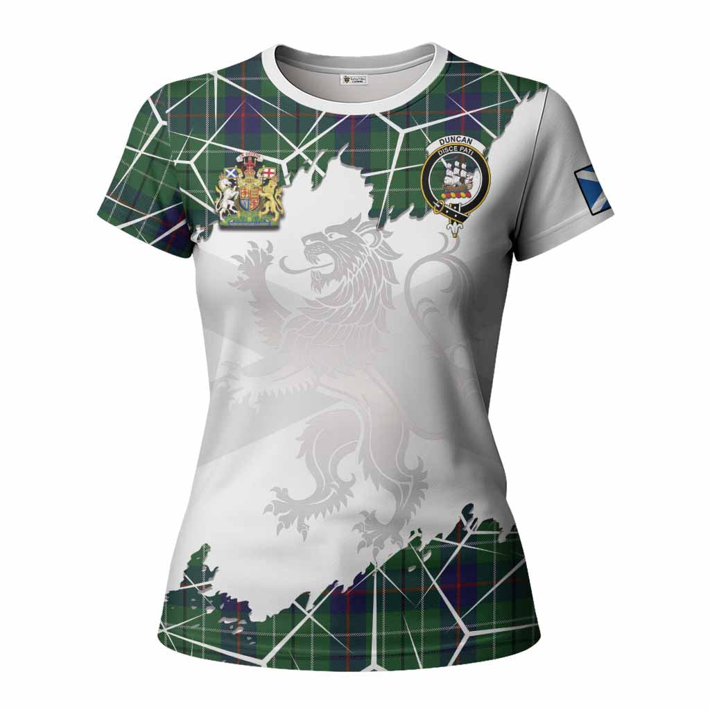 Duncan Tartan Women T shirt with Family Crest and Lion Rampant Grunge Style