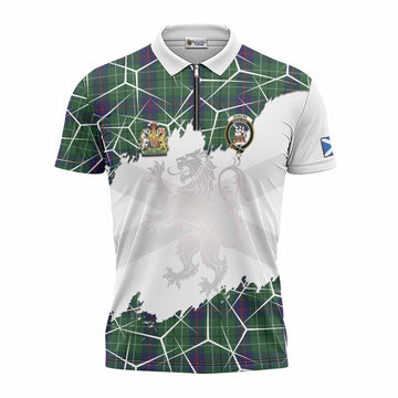 Duncan Tartan Zipper Polo Shirt with Family Crest and Lion Rampant Grunge Style