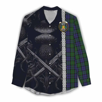Dundas Tartan Women's Casual Shirt with Family Crest Cross Sword Thistle Celtic Vibes Female - Tartan Vibes Clothing
