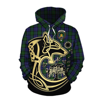 Dundas Tartan Cotton Hoodie with Family Crest Celtic Wolf Style Pullover Hoodie XS - Tartan Vibes Clothing