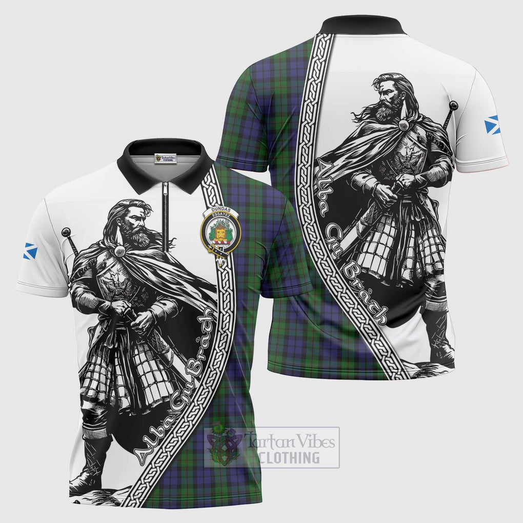 Dundas Tartan Clan Crest Zipper Polo Shirt with Highlander Warrior Celtic Style Unisex - Tartan Vibes Clothing