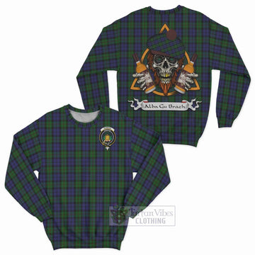 Dundas Tartan Sweatshirt with Family Crest and Bearded Skull Holding Bottles of Whiskey Unisex - Tartan Vibes Clothing