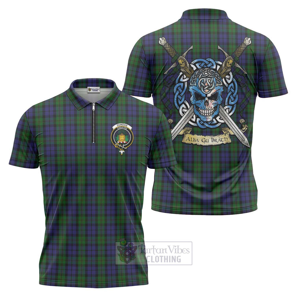 Dundas Tartan Zipper Polo Shirt with Family Crest Celtic Skull Style Unisex - Tartan Vibes Clothing