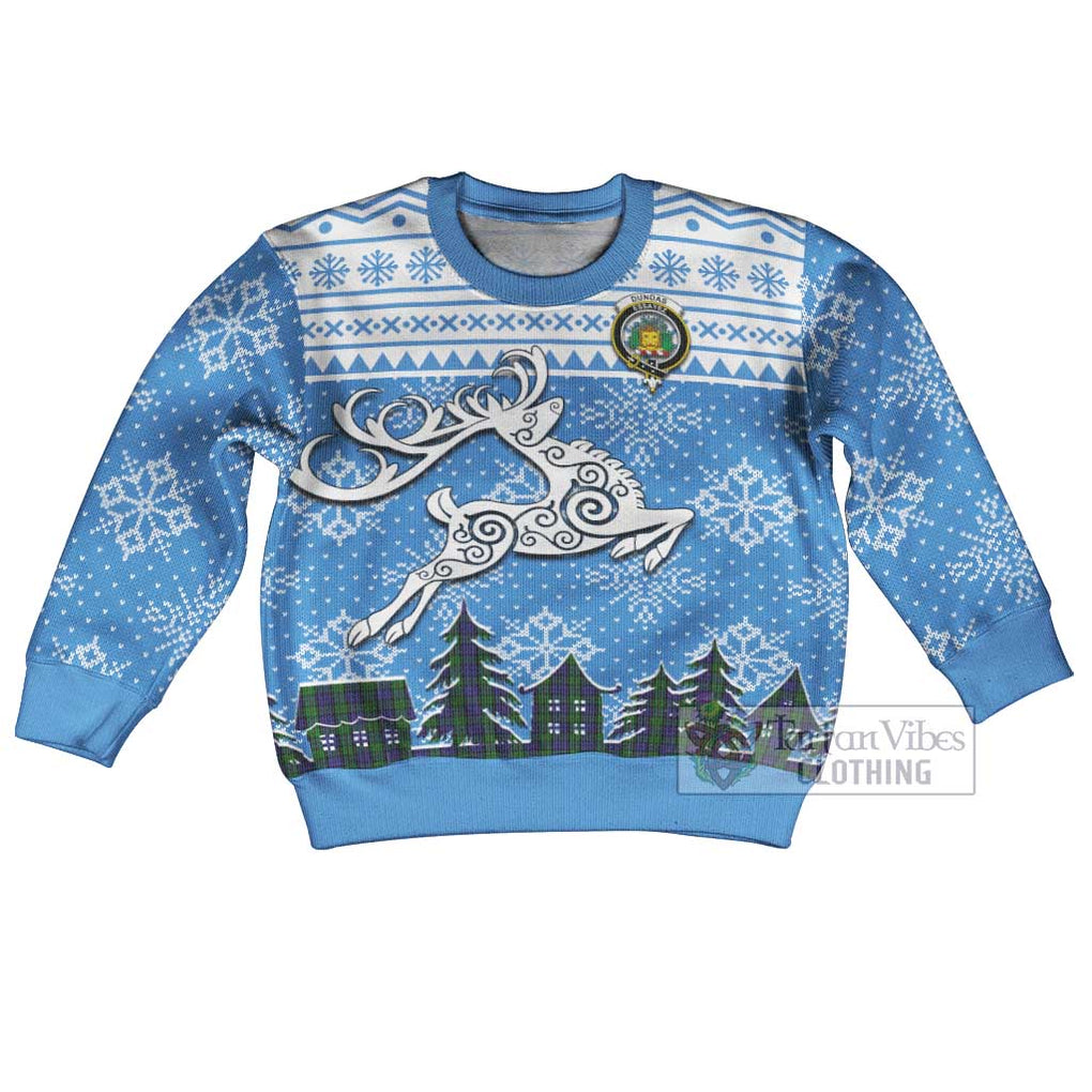 Tartan Vibes Clothing Dundas Clan Christmas Kid Ugly Sweater with Tartan and Celtic Raindeer Style