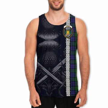 Dundas Tartan Men's Tank Top with Family Crest Cross Sword Thistle Celtic Vibes Men - Tartan Vibes Clothing