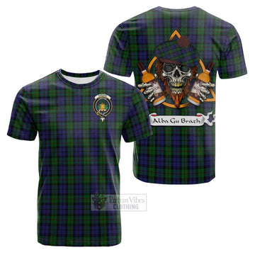 Dundas Tartan Cotton T-shirt with Family Crest and Bearded Skull Holding Bottles of Whiskey Kid's Shirt - Tartan Vibes Clothing