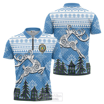 Dundas Clan Christmas Zipper Polo Shirt Celtic Reindeer Style Unisex - Tartan Vibes Clothing
