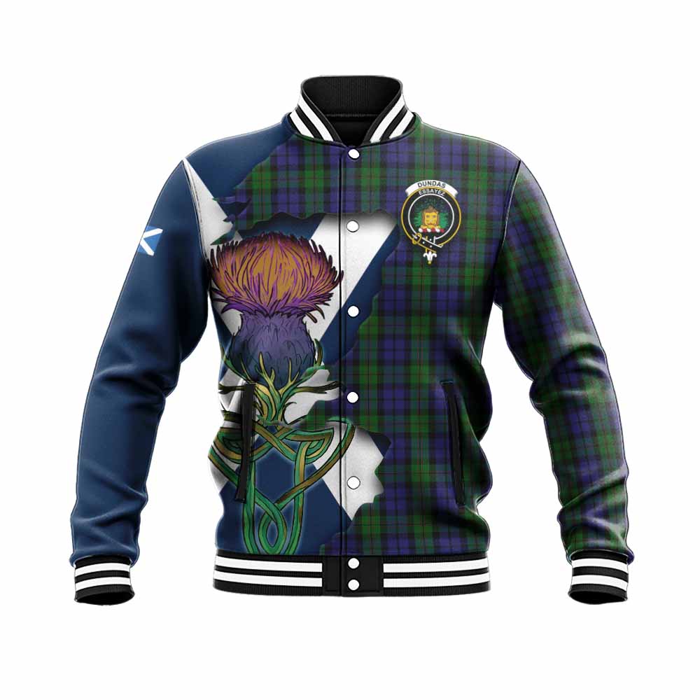 Dundas Tartan Family Crest Baseball Jacket Scottish Thistle Celtic Inspired Unisex - Tartan Vibes Clothing