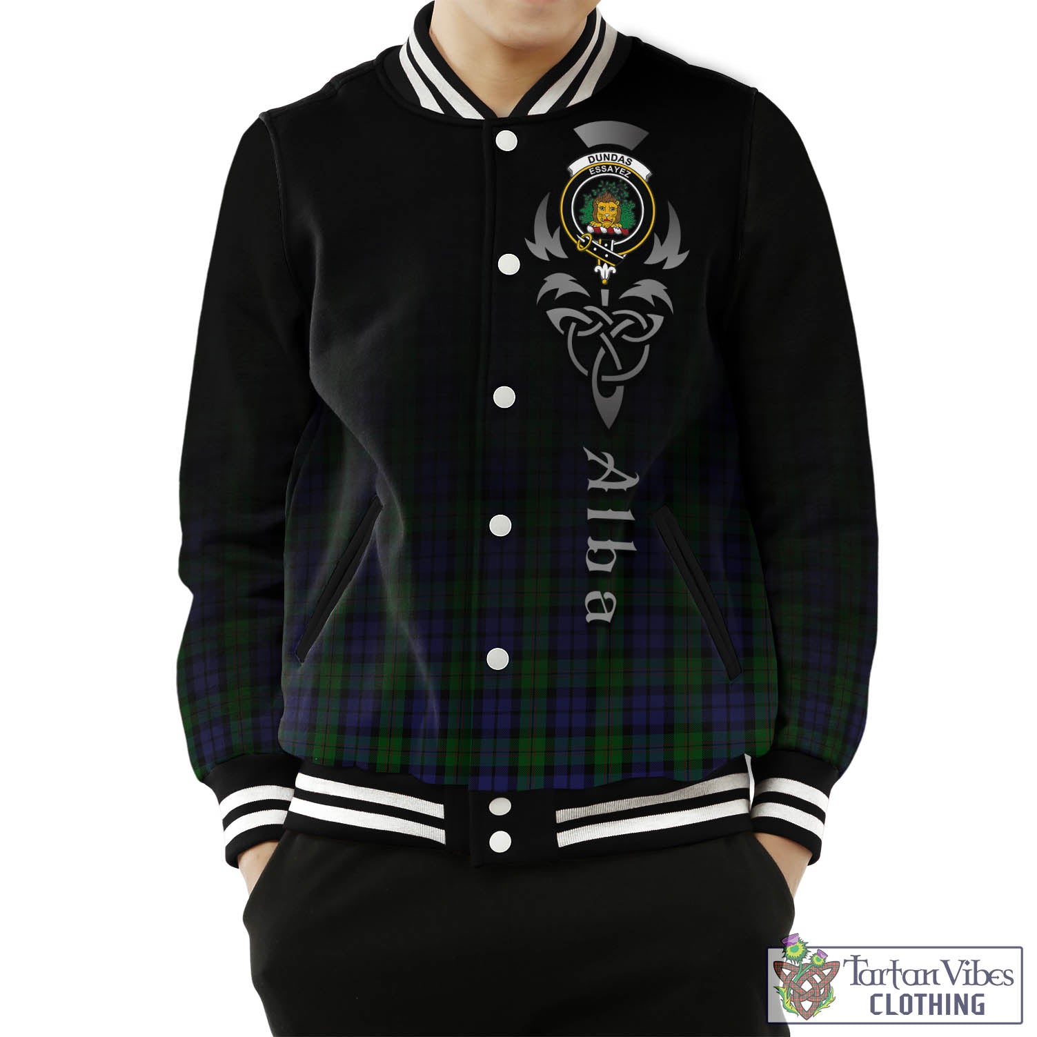 Dundas Tartan Baseball Jacket Featuring Alba Gu Brath Family Crest Celtic Inspired Unisex - Tartan Vibes Clothing