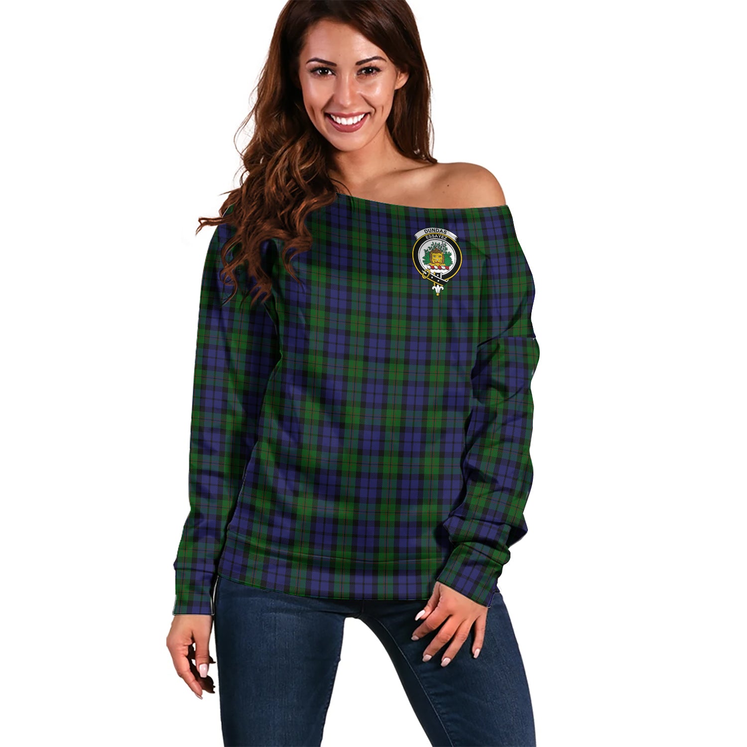Dundas Tartan Off Shoulder Women Sweater with Family Crest Women - Tartan Vibes Clothing