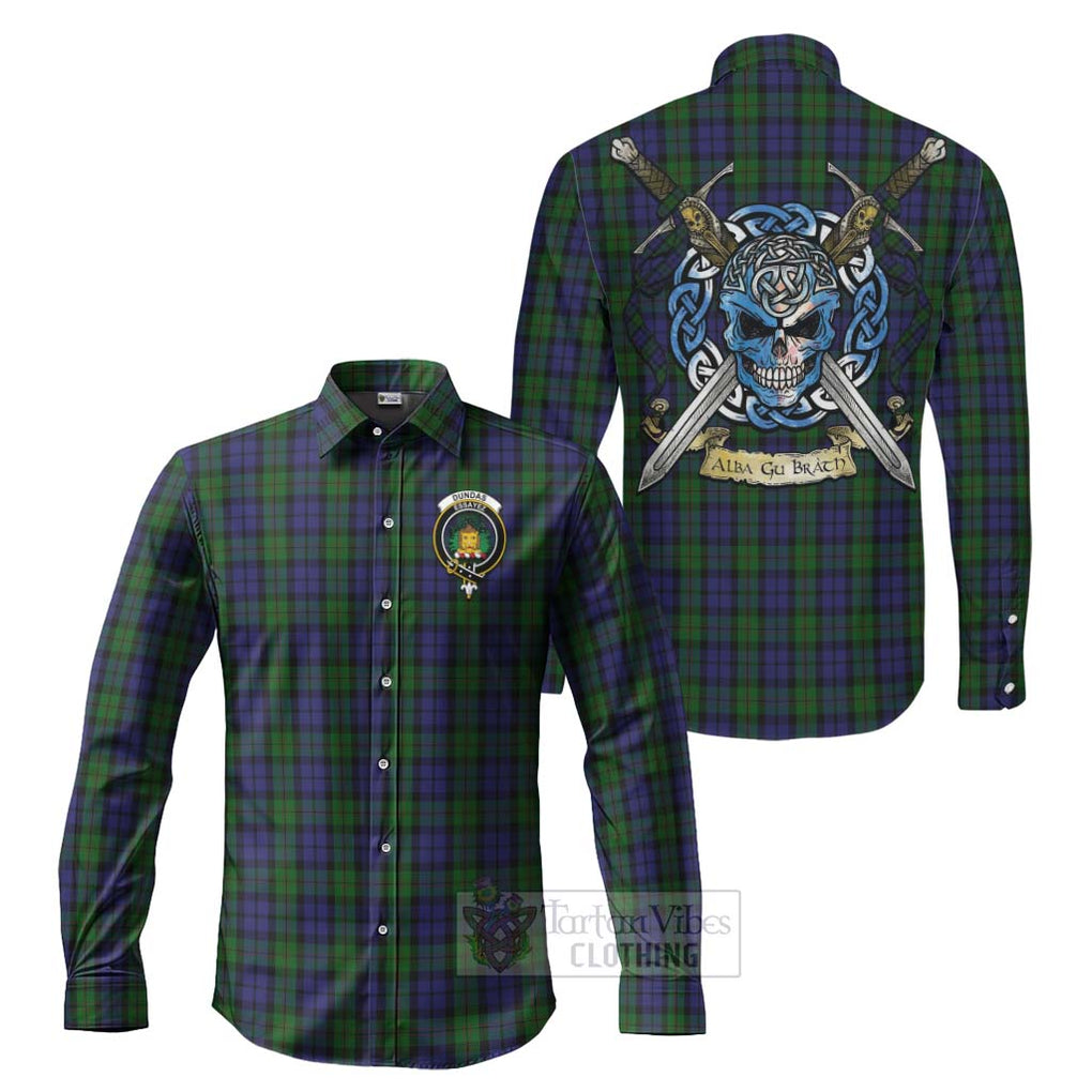 Dundas Tartan Long Sleeve Button Shirt with Family Crest Celtic Skull Style Men's Shirt S - Tartan Vibes Clothing