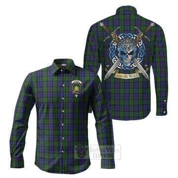 Dundas Tartan Long Sleeve Button Shirt with Family Crest Celtic Skull Style Men's Shirt S - Tartan Vibes Clothing