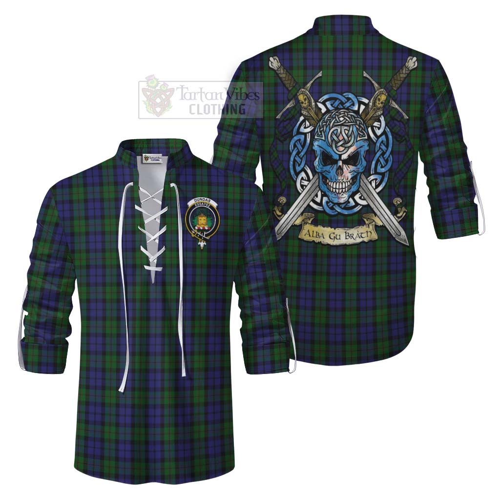 Dundas Tartan Ghillie Kilt Shirt with Family Crest Celtic Skull Style Men - Tartan Vibes Clothing