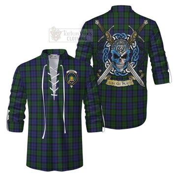 Dundas Tartan Ghillie Kilt Shirt with Family Crest Celtic Skull Style Men - Tartan Vibes Clothing