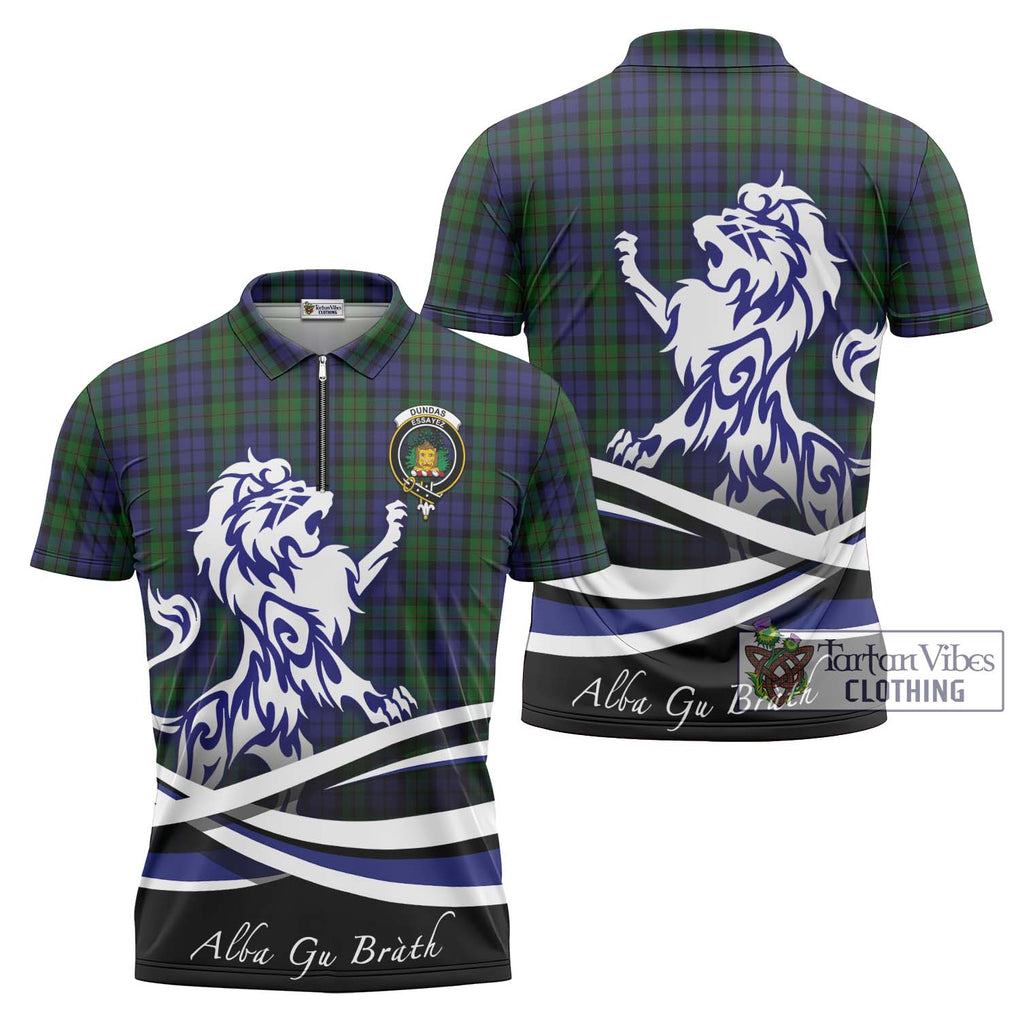 Dundas Tartan Zipper Polo Shirt with Alba Gu Brath Regal Lion Emblem Unisex - Tartan Vibes Clothing