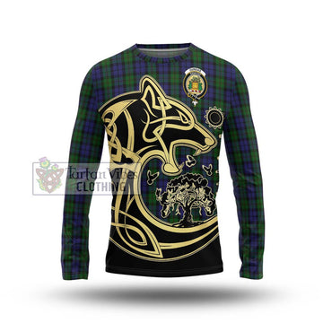 Dundas Tartan Long Sleeve T-Shirt with Family Crest Celtic Wolf Style Unisex - Tartan Vibes Clothing