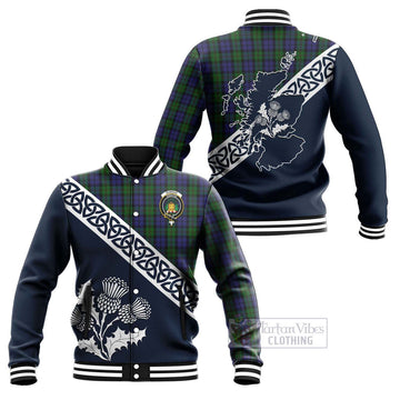 Dundas Tartan Baseball Jacket Featuring Thistle and Scotland Map Unisex - Tartan Vibes Clothing