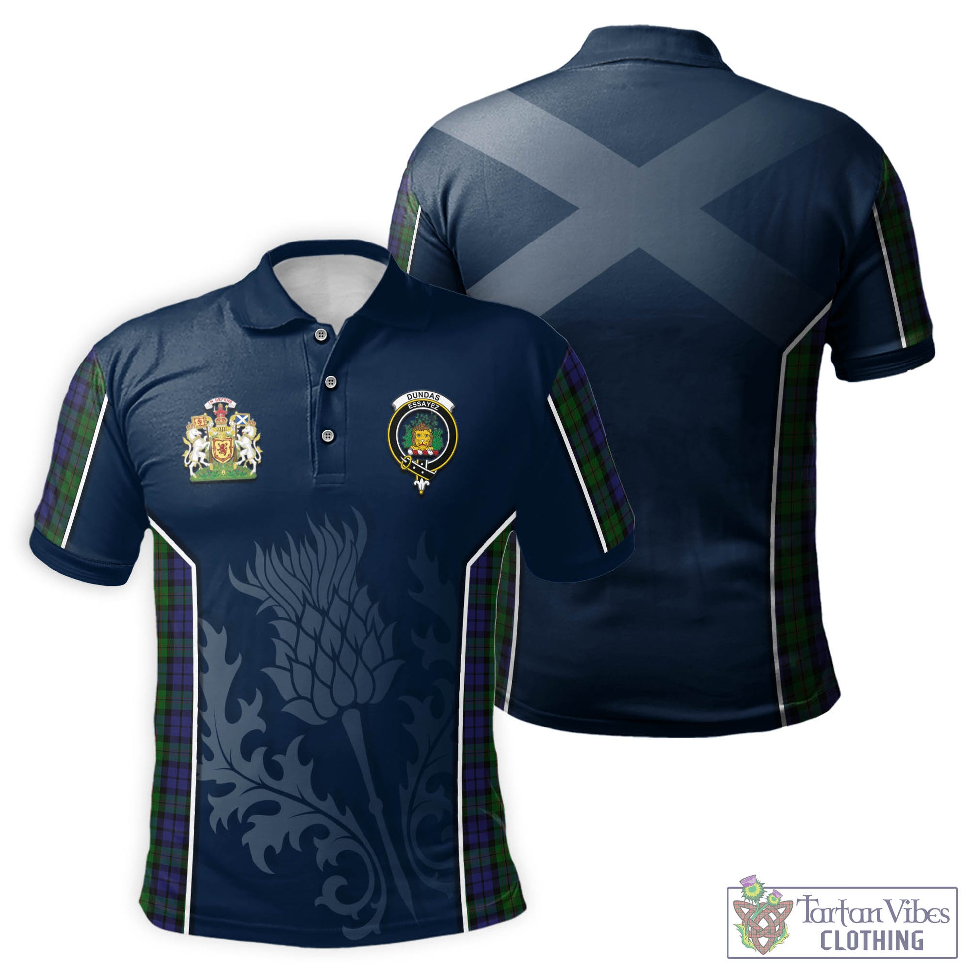 Tartan Vibes Clothing Dundas Tartan Men's Polo Shirt with Family Crest and Scottish Thistle Vibes Sport Style