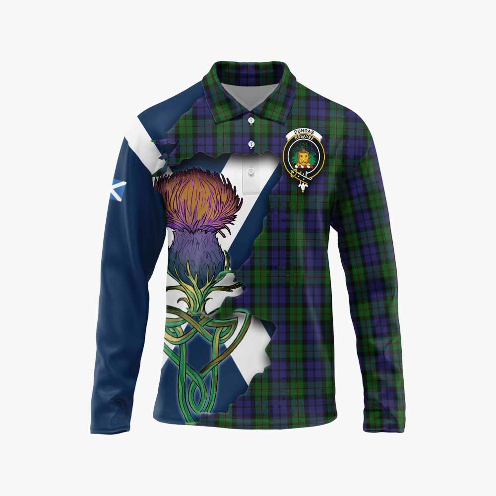 Dundas Tartan Family Crest Long Sleeve Polo Shirt Scottish Thistle Celtic Inspired Unisex - Tartan Vibes Clothing