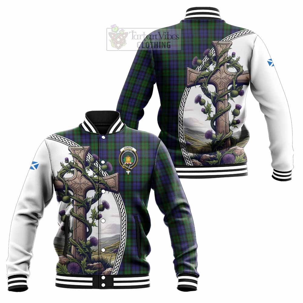 Dundas Tartan Baseball Jacket with Family Crest and St. Andrew's Cross Accented by Thistle Vines Unisex - Tartan Vibes Clothing