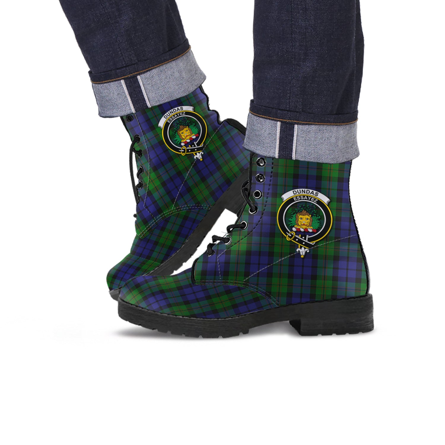 Dundas Tartan Leather Boots with Family Crest Men' Boots - Tartan Vibes Clothing