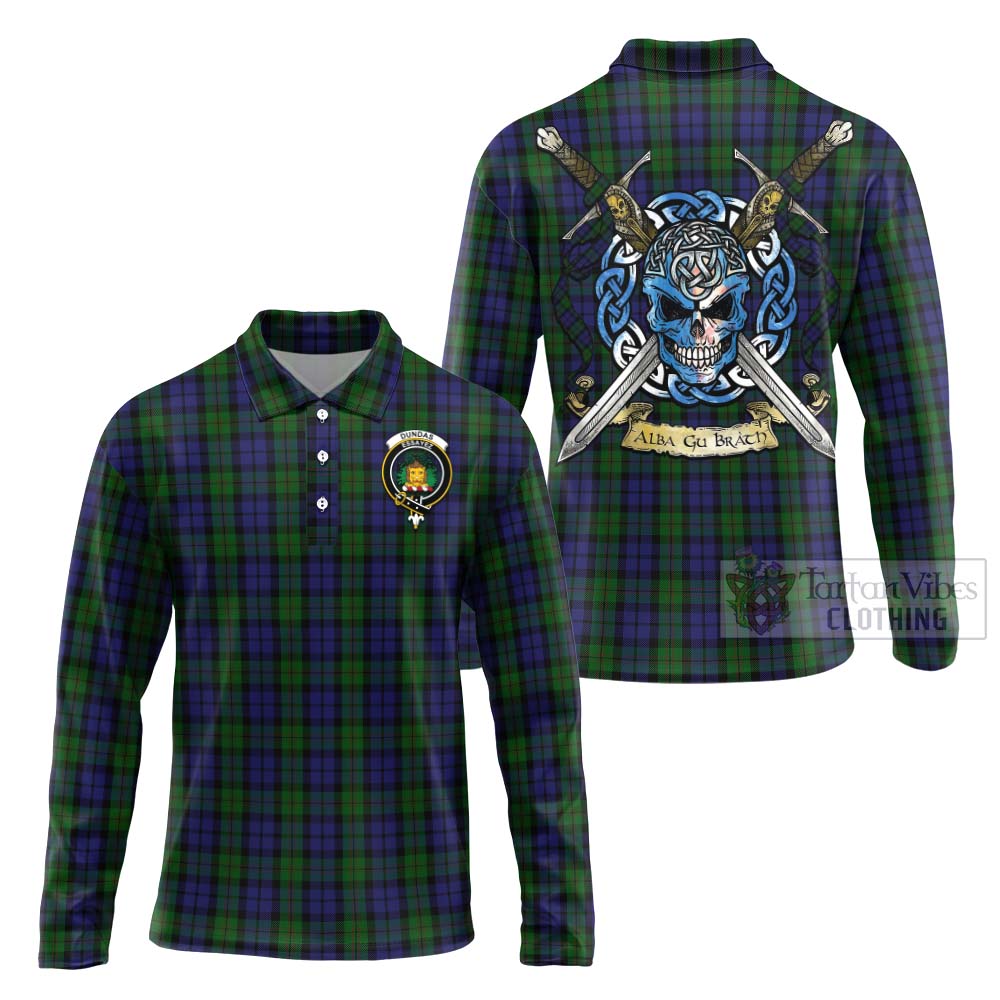 Dundas Tartan Long Sleeve Polo Shirt with Family Crest Celtic Skull Style Unisex - Tartan Vibes Clothing