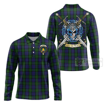 Dundas Tartan Long Sleeve Polo Shirt with Family Crest Celtic Skull Style Unisex - Tartan Vibes Clothing