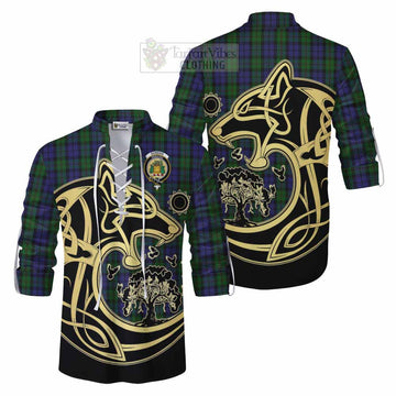 Dundas Tartan Ghillie Kilt Shirt with Family Crest Celtic Wolf Style Men - Tartan Vibes Clothing