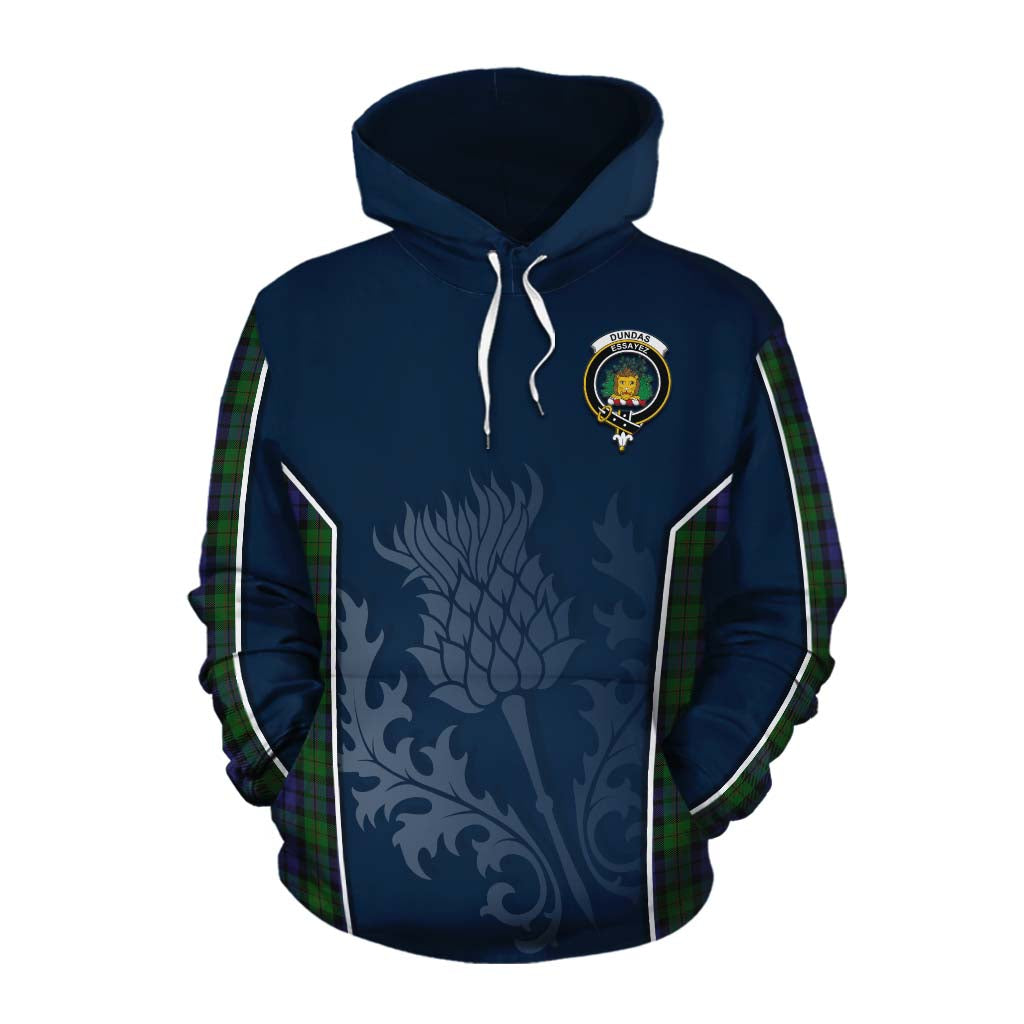 Tartan Vibes Clothing Dundas Tartan Cotton Hoodie with Family Crest and Scottish Thistle Vibes Sport Style