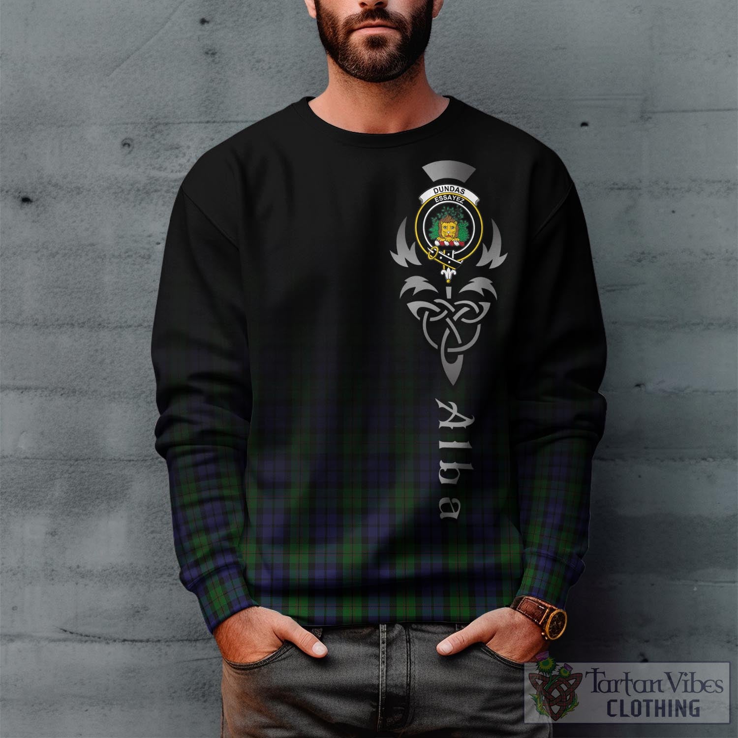 Dundas Tartan Sweatshirt Featuring Alba Gu Brath Family Crest Celtic Inspired Unisex - Tartan Vibes Clothing