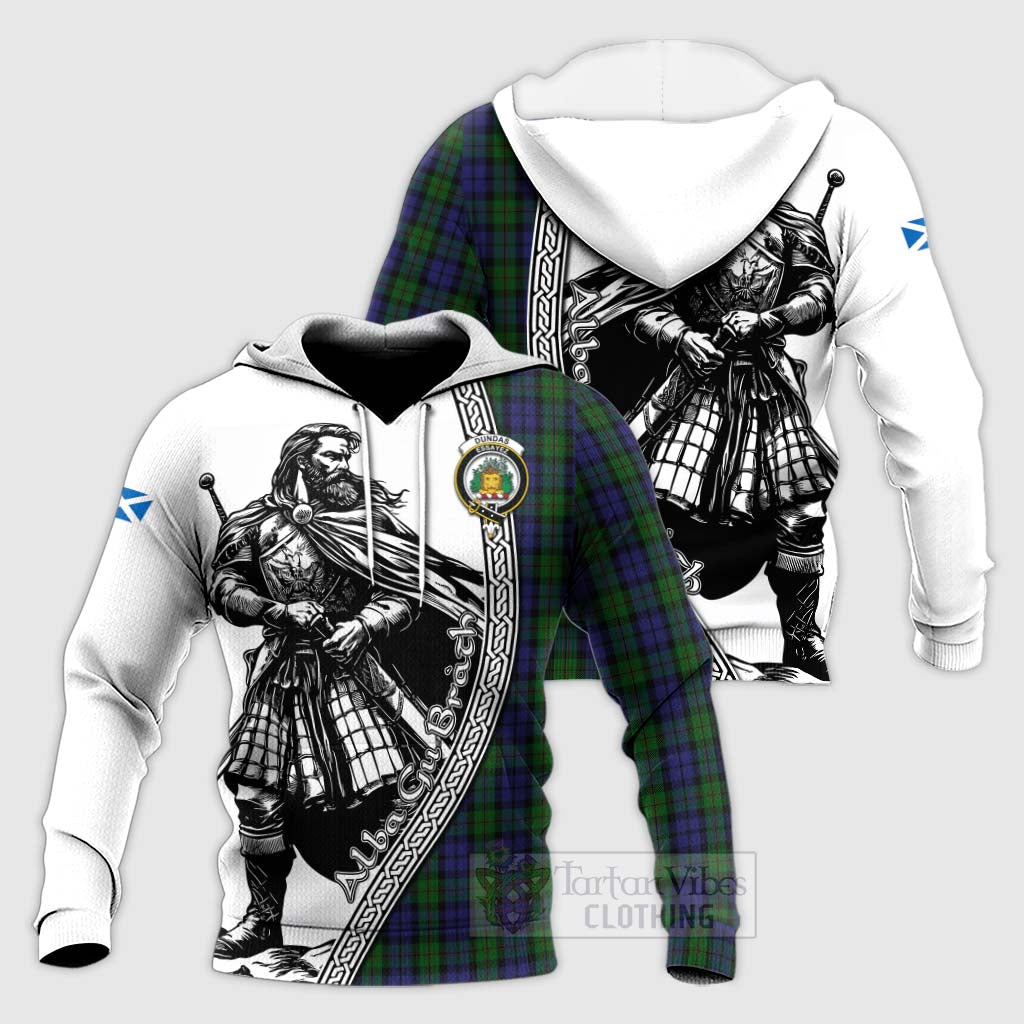 Dundas Tartan Clan Crest Knitted Hoodie with Highlander Warrior Celtic Style Unisex Knitted Pullover Hoodie - Tartan Vibes Clothing