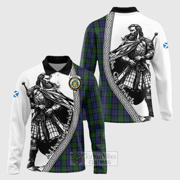 Dundas Tartan Clan Crest Long Sleeve Polo Shirt with Highlander Warrior Celtic Style Unisex - Tartan Vibes Clothing