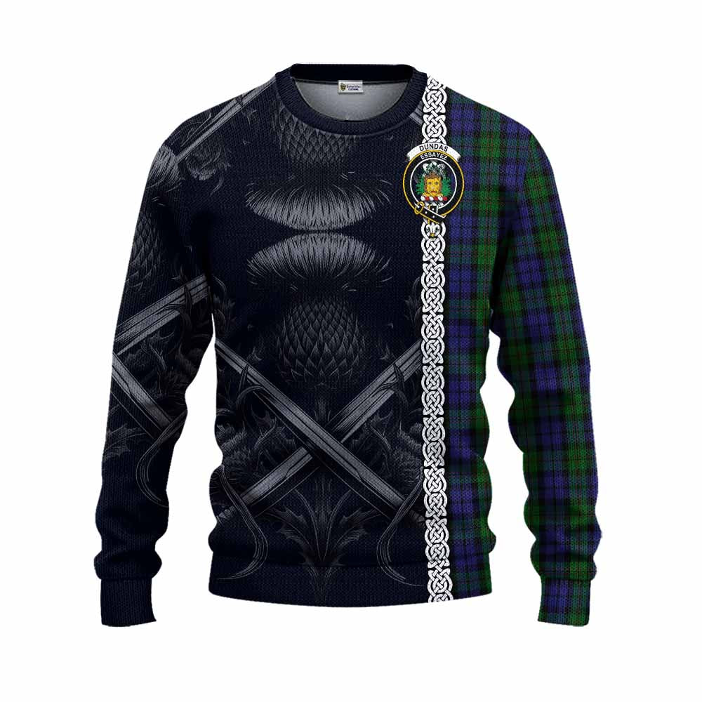 Dundas Tartan Knitted Sweater with Family Crest Cross Sword Thistle Celtic Vibes Unisex - Tartan Vibes Clothing