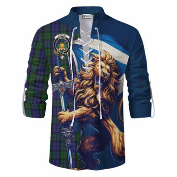 Dundas Tartan Family Crest Ghillie Kilt Shirt with Scottish Majestic Lion Men - Tartan Vibes Clothing