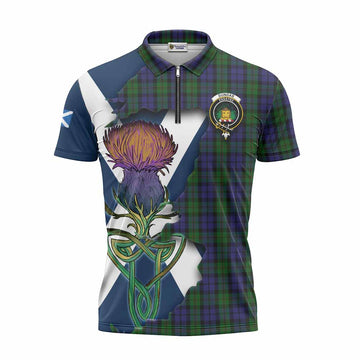 Dundas Tartan Family Crest Zipper Polo Shirt Scottish Thistle Celtic Inspired Unisex - Tartan Vibes Clothing