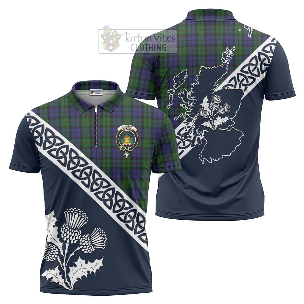 Dundas Tartan Zipper Polo Shirt Featuring Thistle and Scotland Map Unisex - Tartanvibesclothing Store