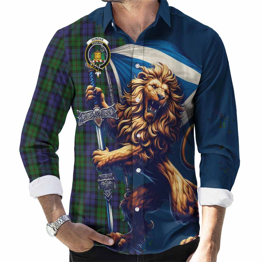 Dundas Tartan Family Crest Long Sleeve Button Shirt with Scottish Majestic Lion Men's Shirt S - Tartan Vibes Clothing