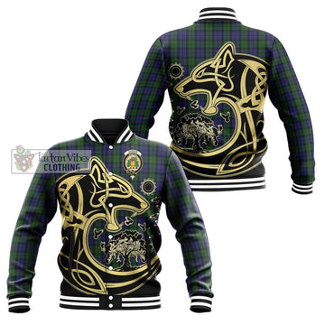 Dundas Tartan Baseball Jacket with Family Crest Celtic Wolf Style Unisex - Tartan Vibes Clothing