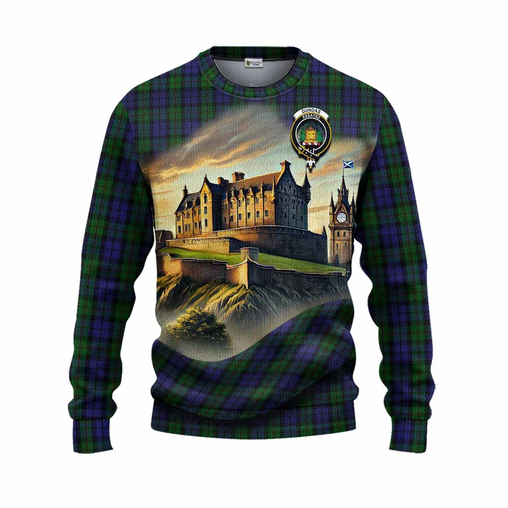 Dundas Tartan Family Crest Knitted Sweater with Scottish Ancient Castle Style Unisex - Tartan Vibes Clothing