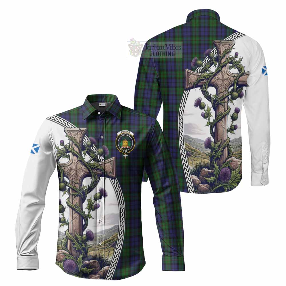 Dundas Tartan Long Sleeve Button Shirt with Family Crest and St. Andrew's Cross Accented by Thistle Vines Men's Shirt S - Tartan Vibes Clothing
