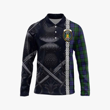 Dundas Tartan Long Sleeve Polo Shirt with Family Crest Cross Sword Thistle Celtic Vibes Unisex - Tartan Vibes Clothing