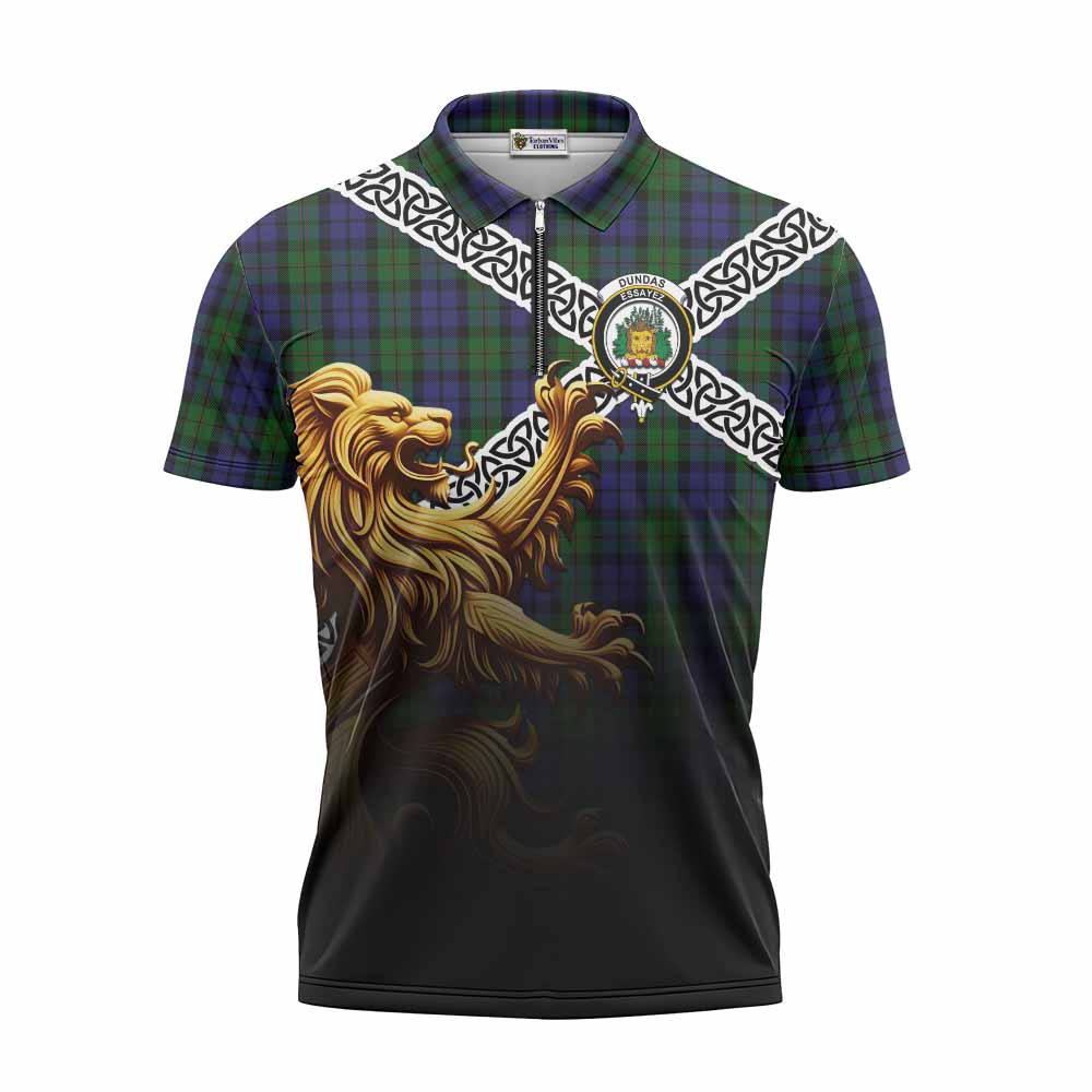 Dundas Crest Tartan Zipper Polo Shirt with Golden Lion Emblem Celtic Style Unisex - Tartan Vibes Clothing