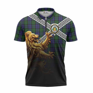 Dundas Crest Tartan Zipper Polo Shirt with Golden Lion Emblem Celtic Style Unisex - Tartan Vibes Clothing