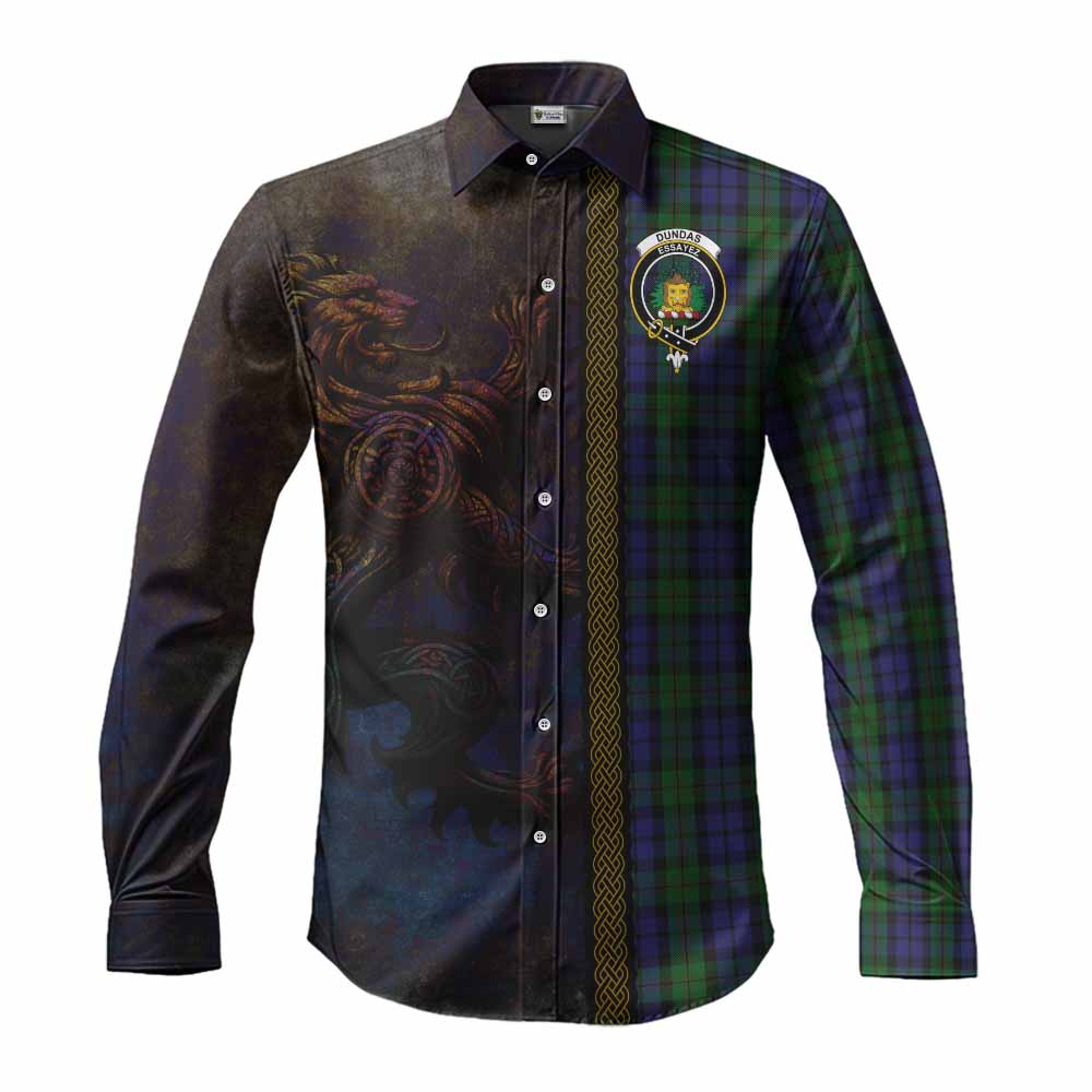 Dundas Tartan Family Crest Long Sleeve Button Shirt Alba Gu Brath Be Brave Lion Ancient Style Men's Shirt S - Tartan Vibes Clothing