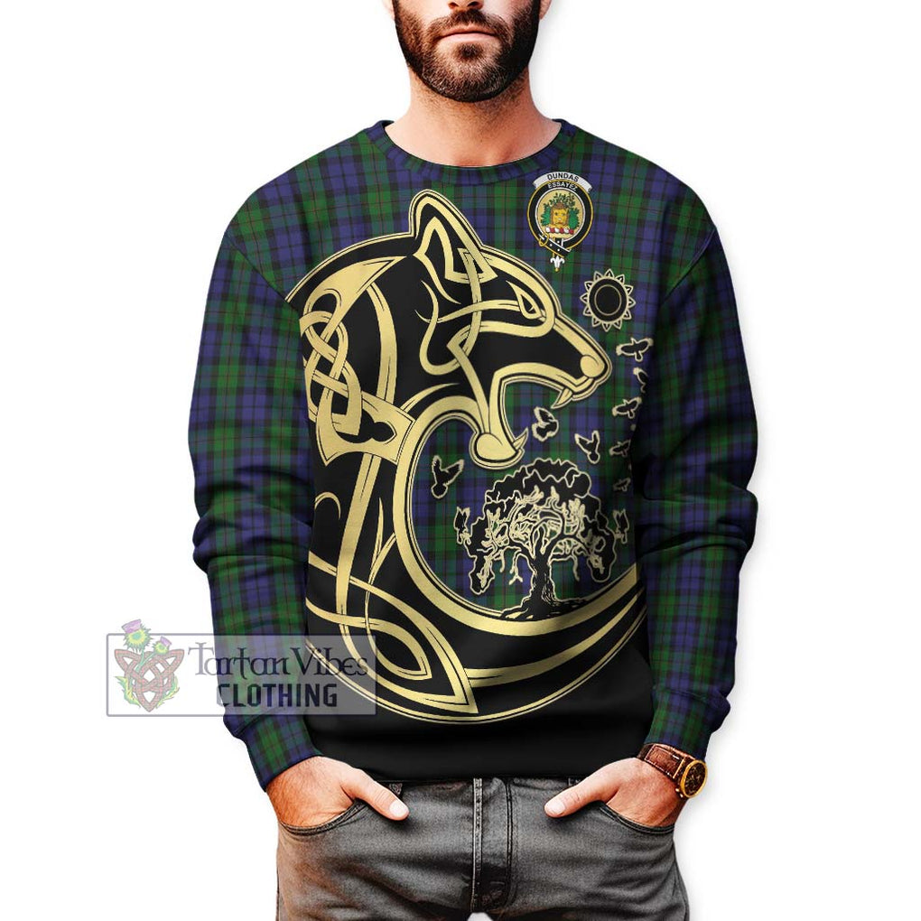 Dundas Tartan Sweatshirt with Family Crest Celtic Wolf Style Unisex - Tartan Vibes Clothing