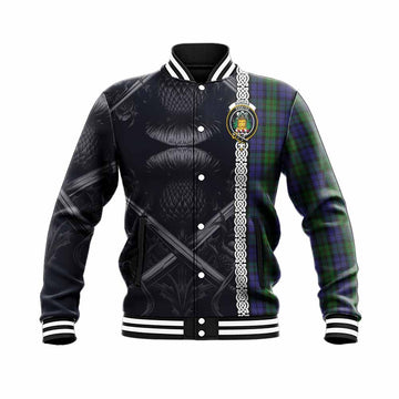 Dundas Tartan Baseball Jacket with Family Crest Cross Sword Thistle Celtic Vibes Unisex - Tartan Vibes Clothing